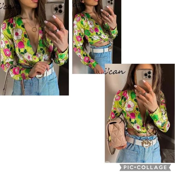 ZARA fluorescent lime floral wrap satin effect crop top Sz S NWT - Picture 3 of 10